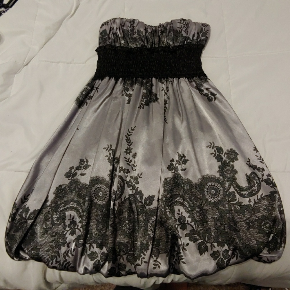 Silky grey and black strapless dress